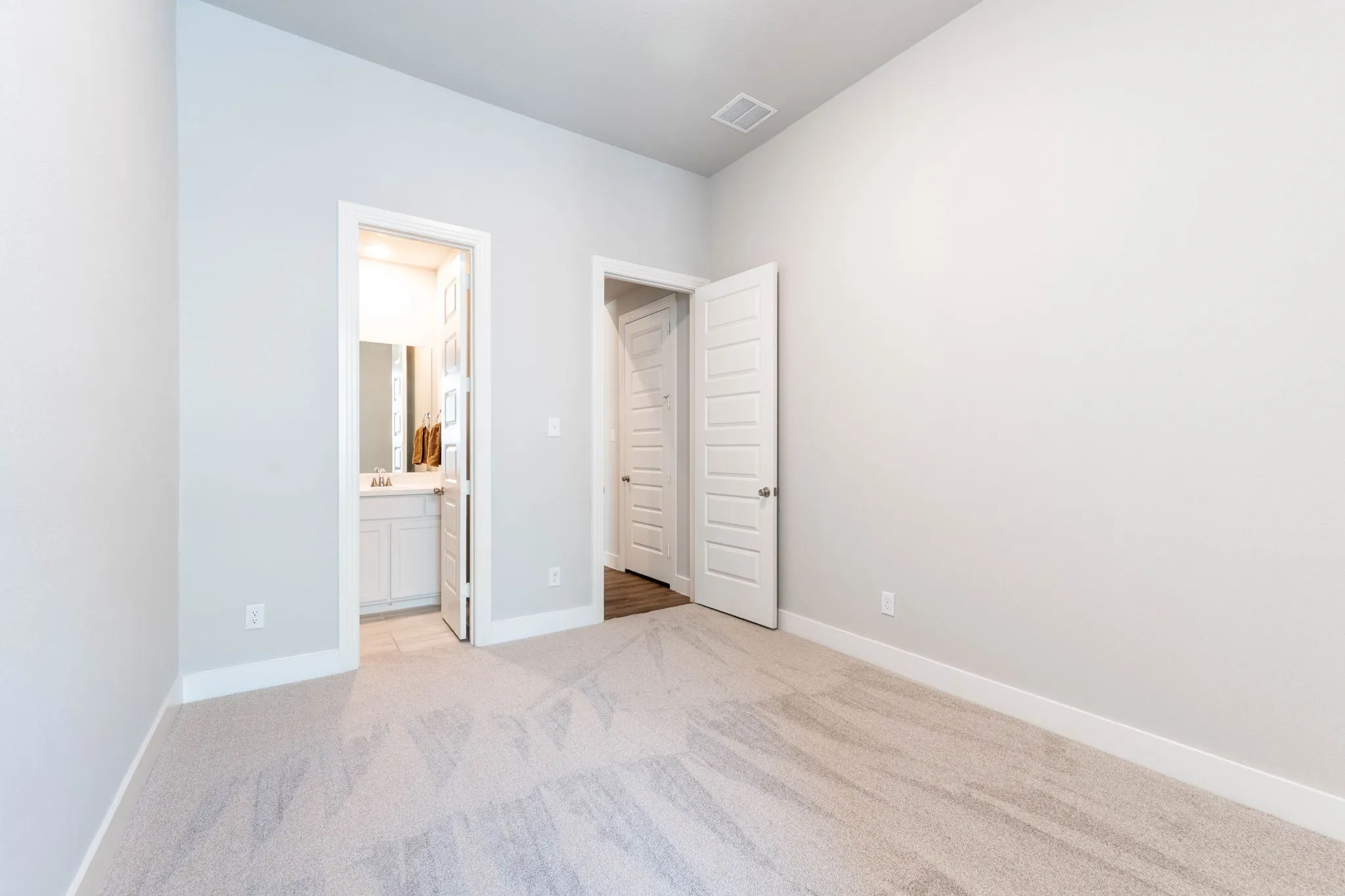 Wall-to-wall carpeting with light gray walls, white trim, and a white paneled door