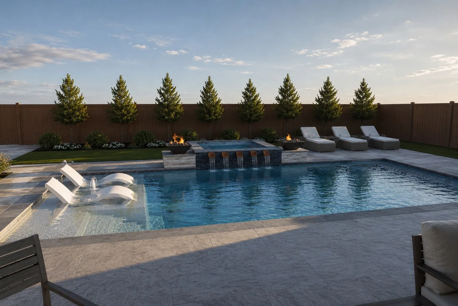 Outdoor swimming pool with integrated spa and waterfall features, surrounded by a stone patio and landscaping