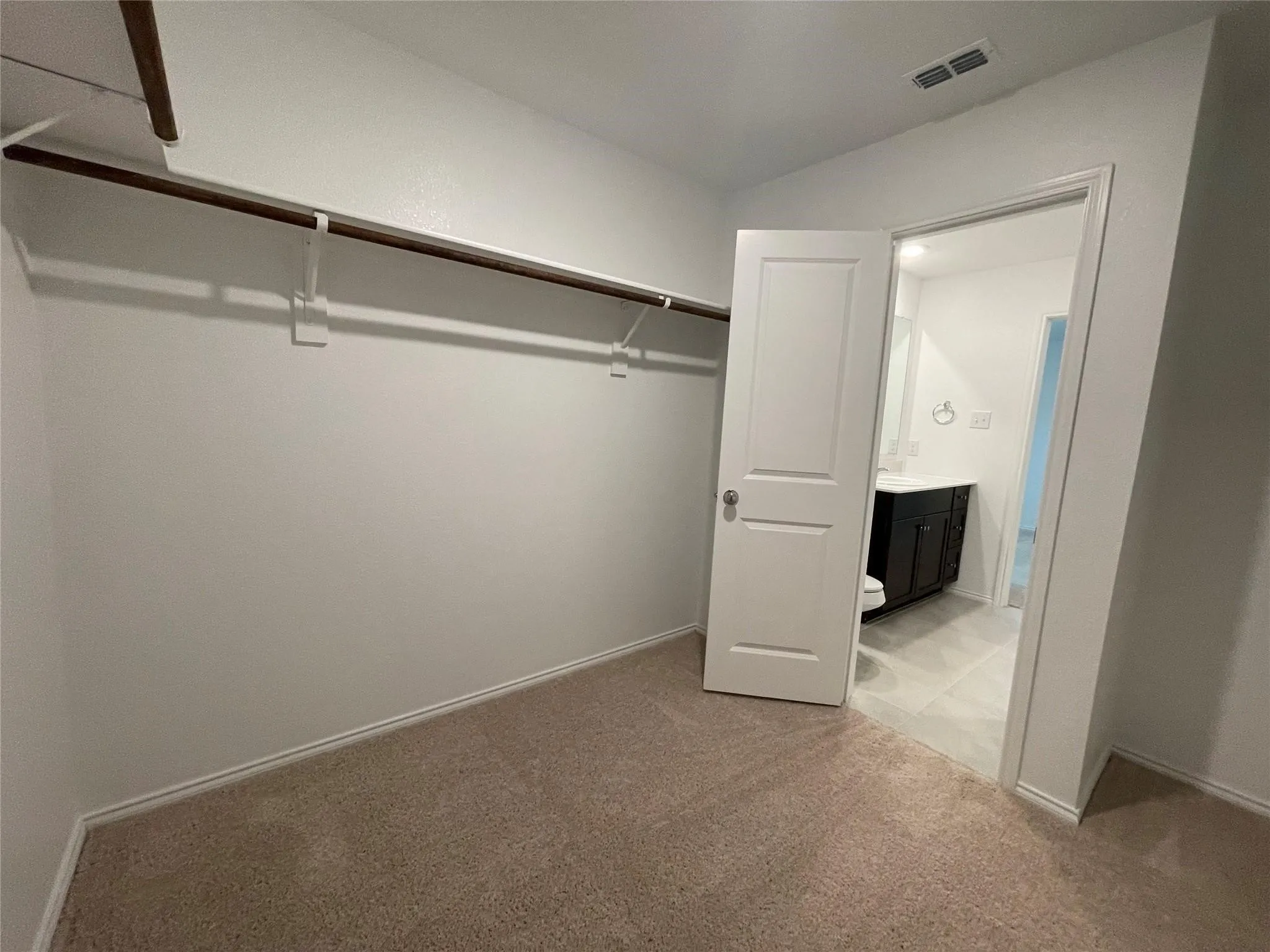 Walk-in closet with carpet flooring and built-in hanging rods, featuring an entry to a bathroom with a dark wood-finish vanity and tile flooring