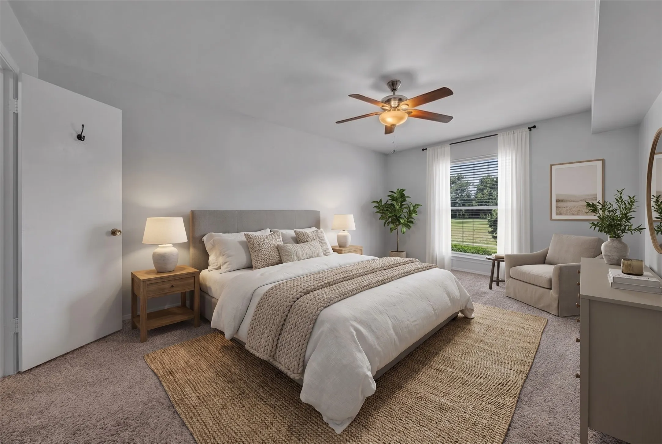 Carpeted room with a ceiling fan, a window with blinds, and white curtains