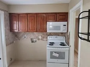 Kitchen featuring wood cabinetry, a built-in microwave, an electric range, and a tiled backsplash