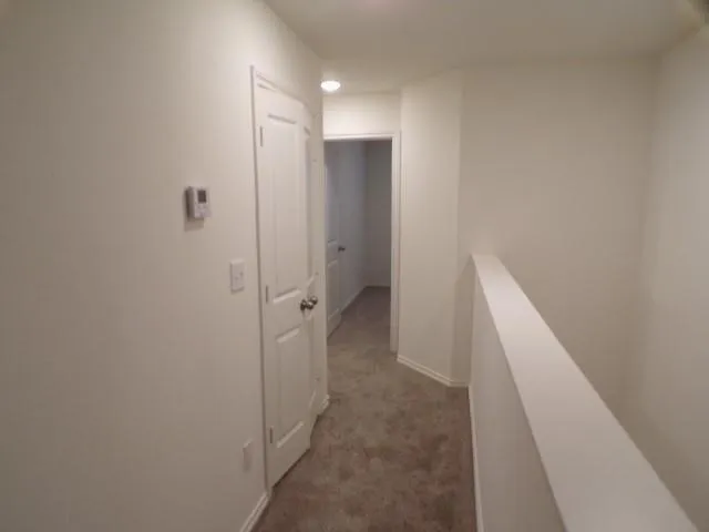 Neutral wall color, carpeted flooring, built-in wall thermostat, solid core doors, overhead lighting