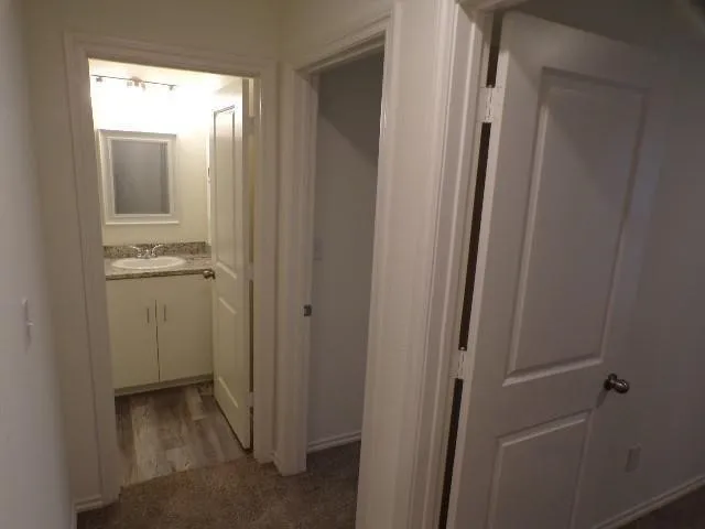 Bathroom with a vanity featuring a granite-style countertop, undermount sink, and wood-finish flooring