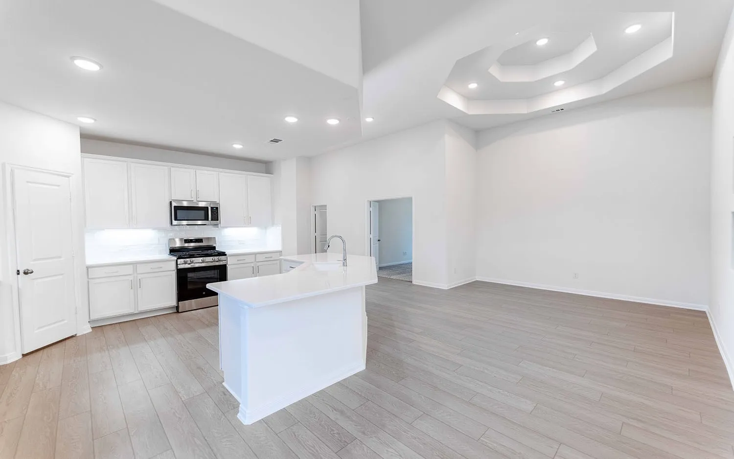 Open-concept living area with wood-finish flooring, recessed lighting, and a tray ceiling with integrated lighting