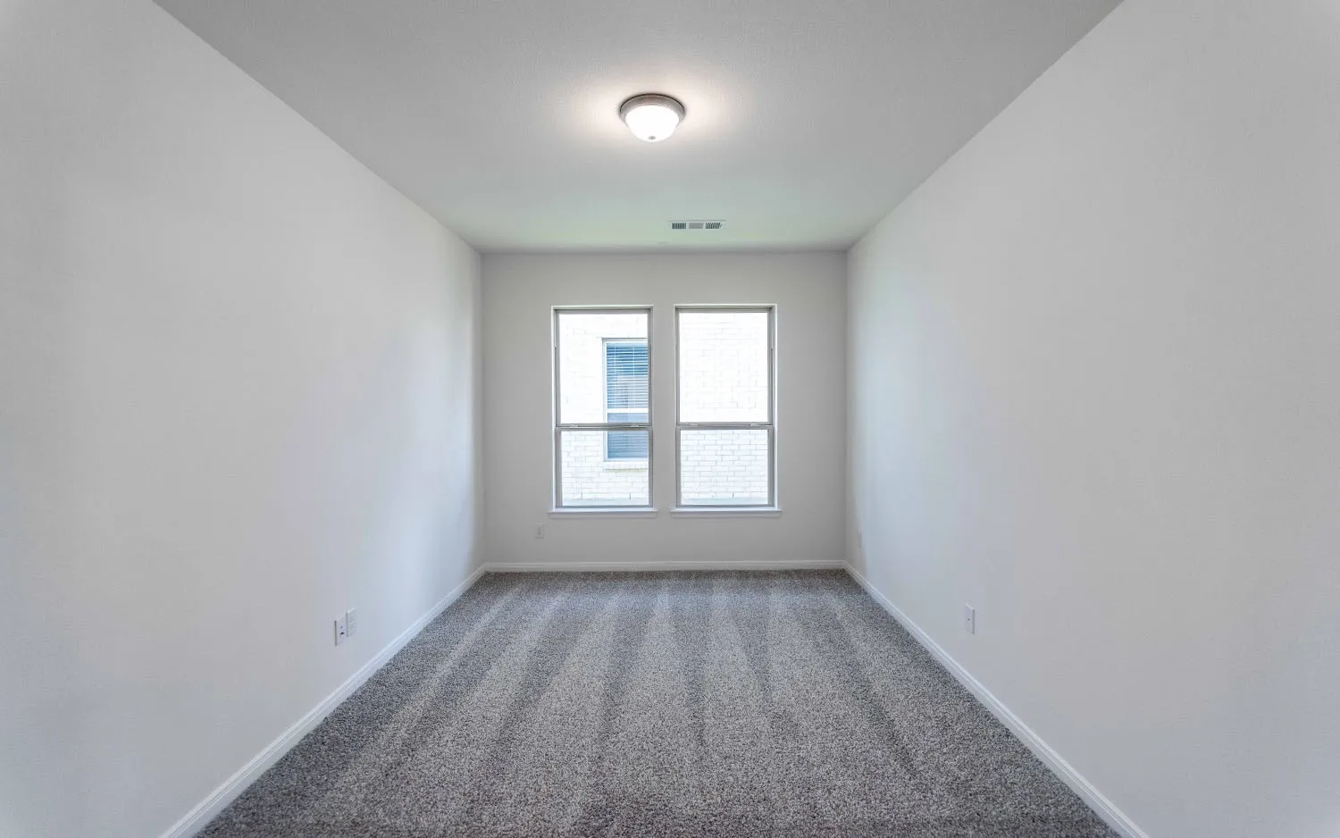 Neutral wall paint, ceiling-mounted light fixture, carpeting, and double-hung windows