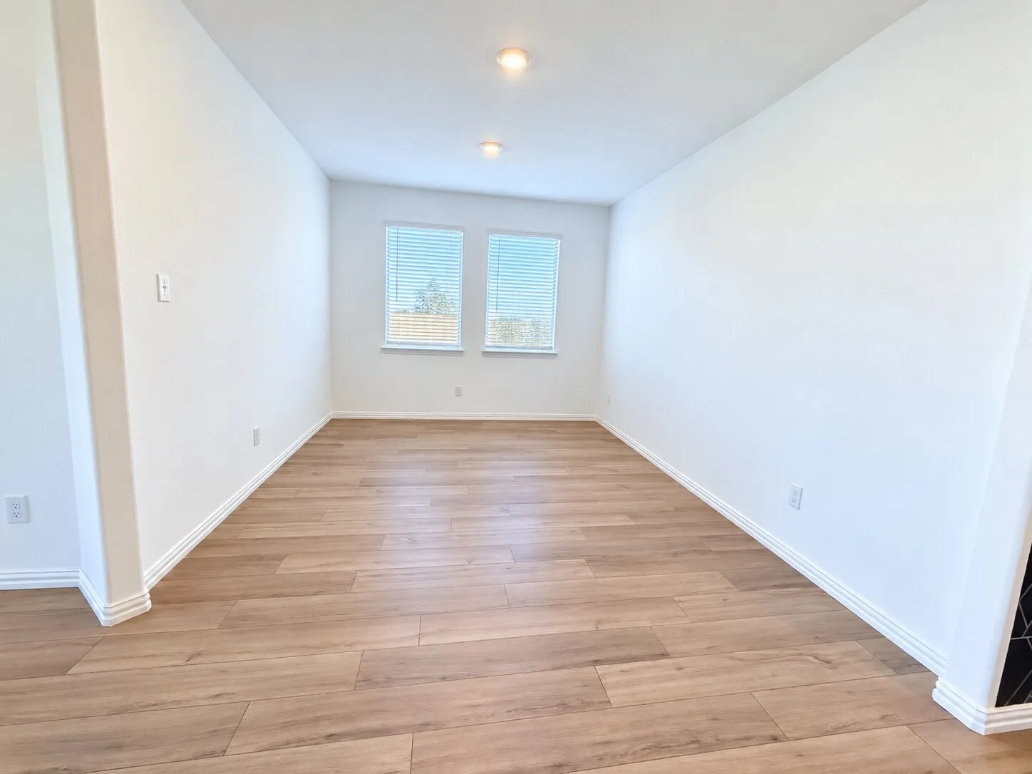 Wood-finish flooring, recessed lighting, and dual windows with blinds