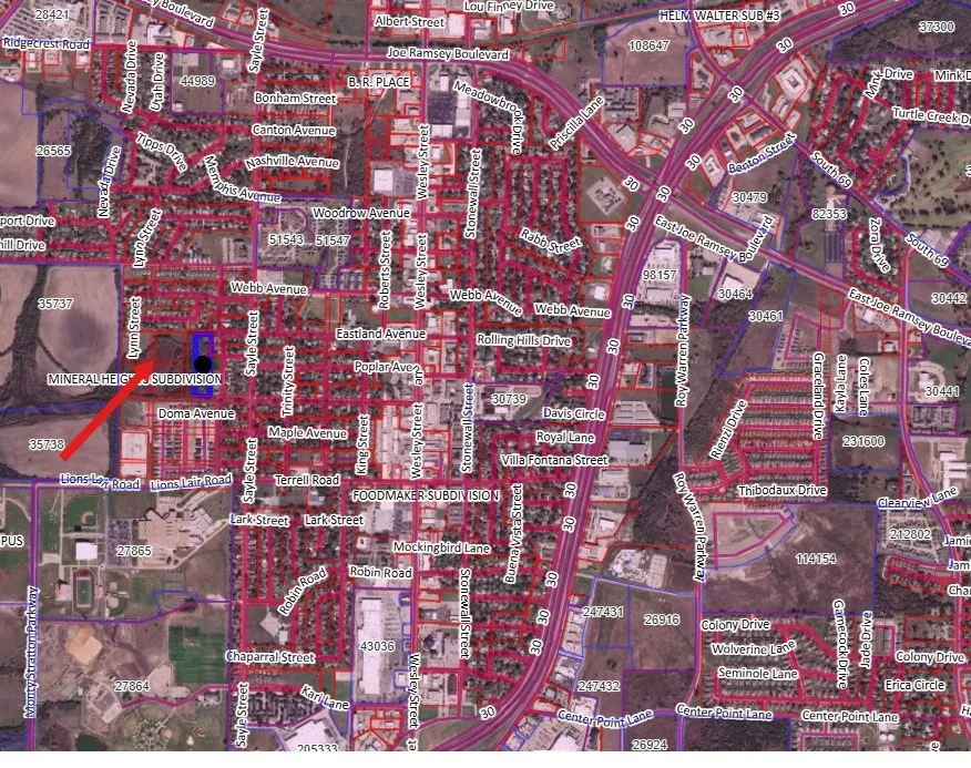 Aerial Property Map. Cadastral representation displaying residential lot divisions, street infrastructure, and parcel boundaries for the property