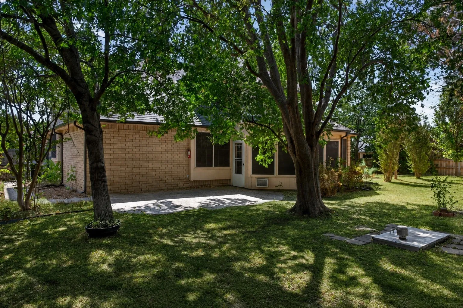 Backyard with mature trees and patio - virtually added green grass