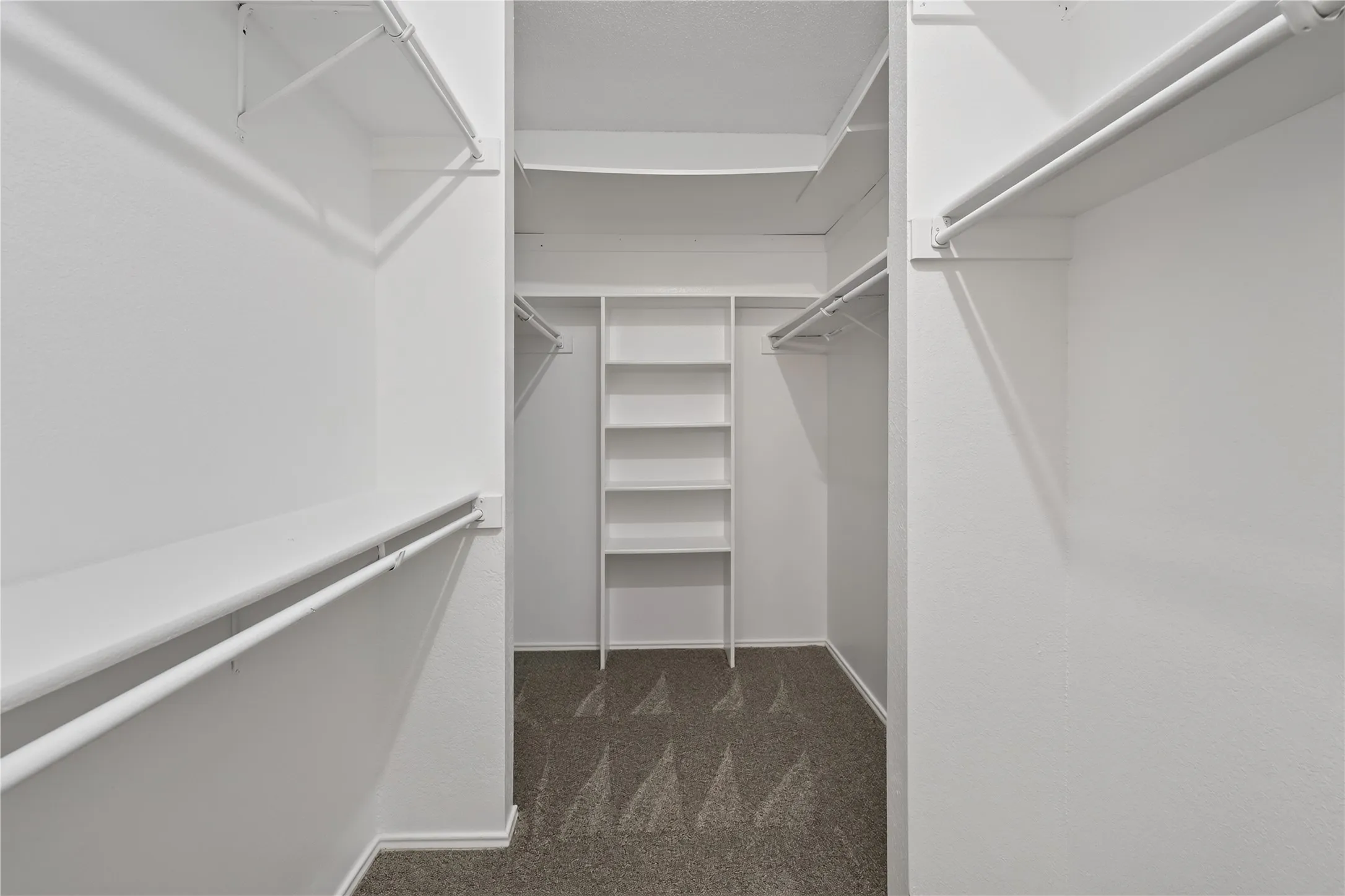 Walk-in closet featuring white wire shelving, hanging rods, built-in shelving, and carpet flooring