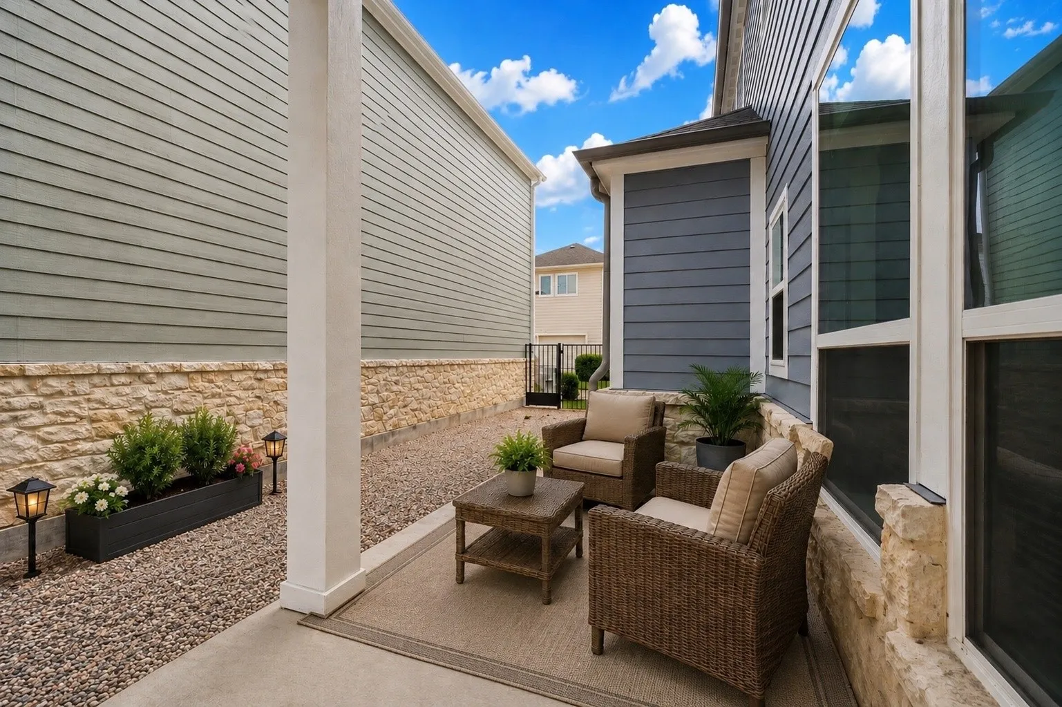     Low-maintenance outdoor patio and courtyard.*Furniture digitally staged