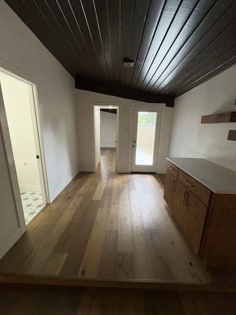 Dining area with built-in cabinet.