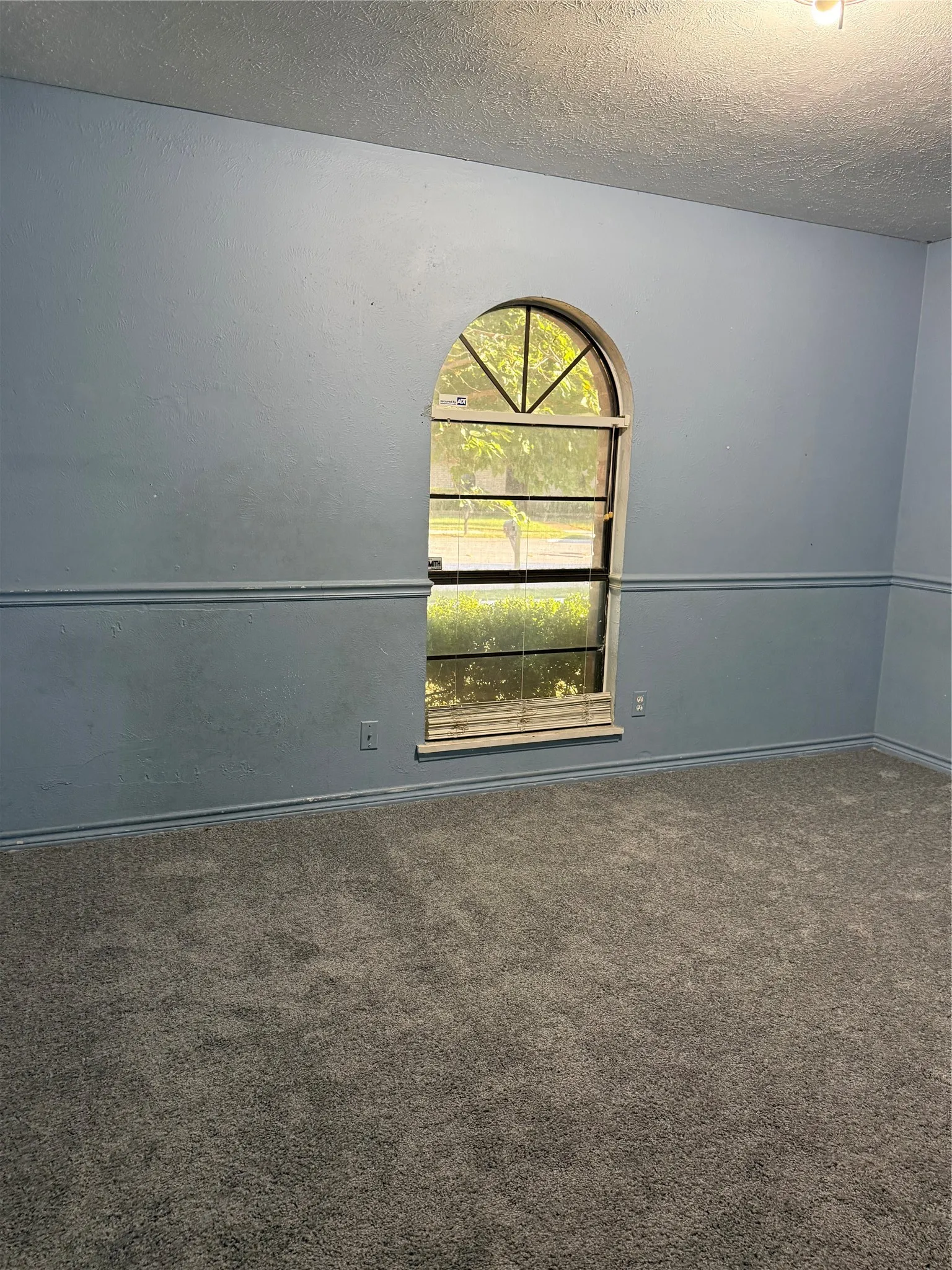 Arched window with exterior tree scenery, textured ceiling, and wall trim detailing