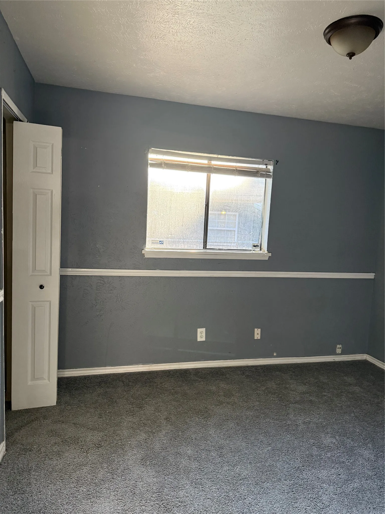 Textured wall finish, white trim details, window with natural light, wall-to-wall carpeting, ceiling-mounted light fixture