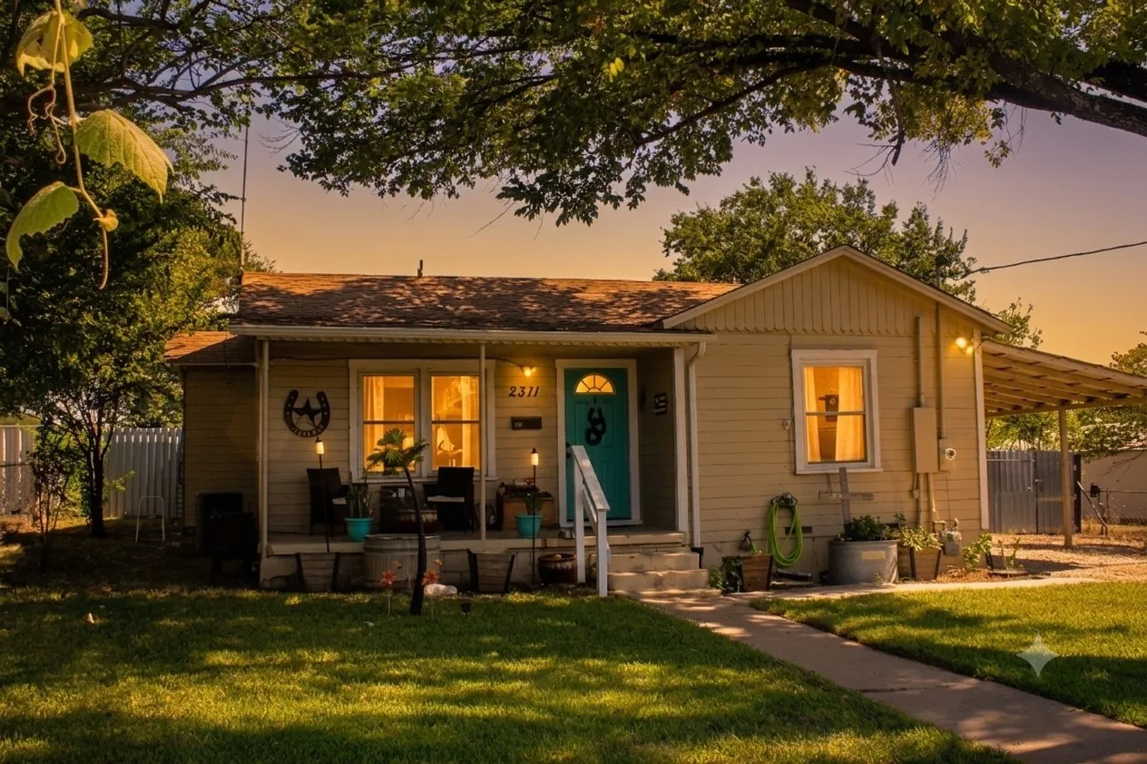 Siding exterior with a covered front porch, concrete walkway, and a partial carport