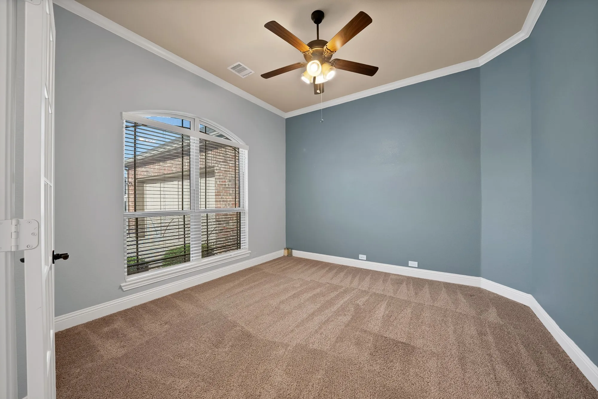 Arched window with blinds, ceiling fan, crown molding, and carpeted flooring