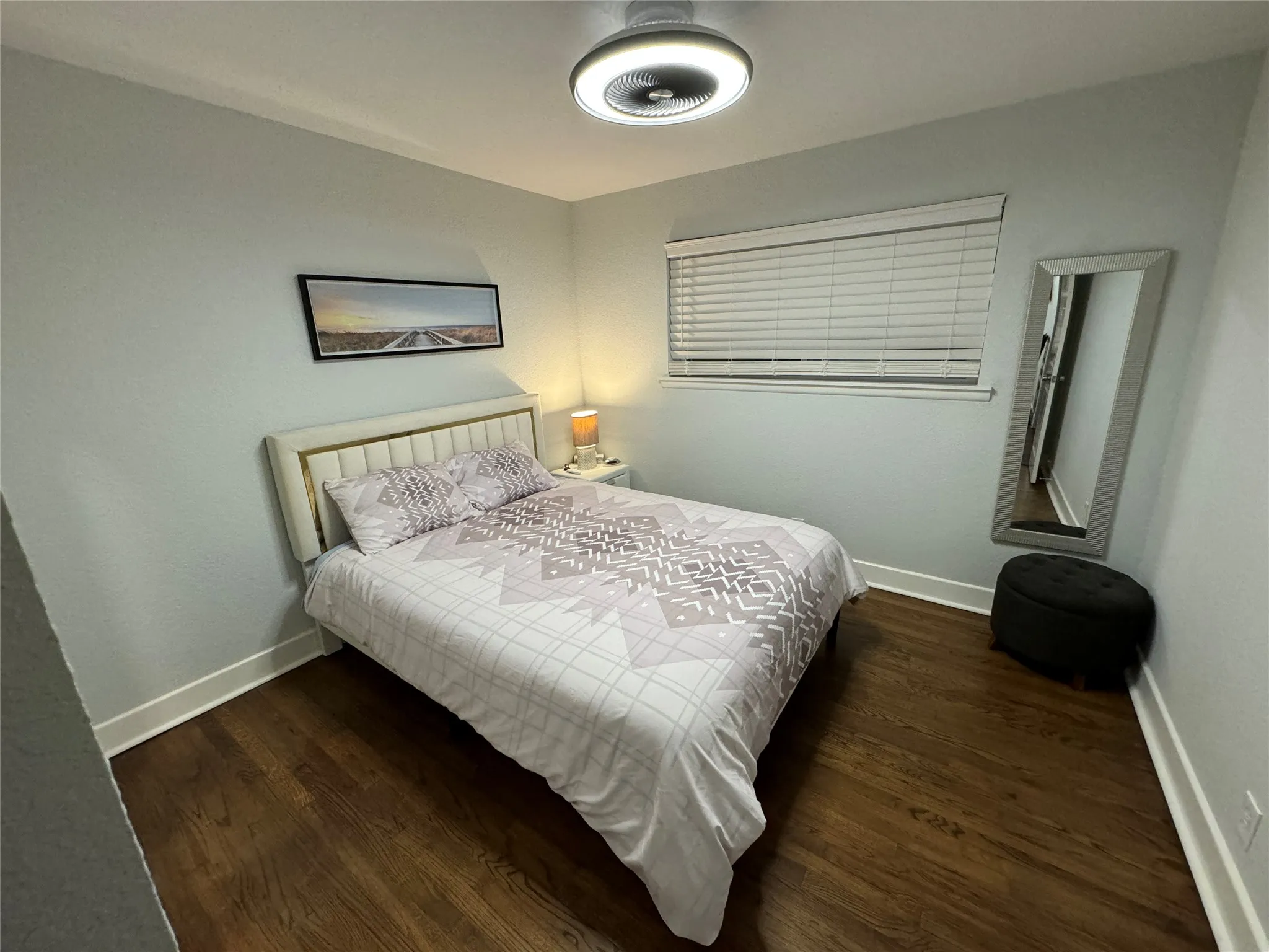 Wood-finish flooring with white trim