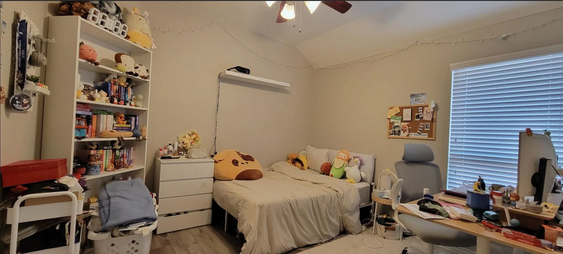 Vaulted ceiling with a ceiling fan light fixture, wood-finish flooring, and window with blinds