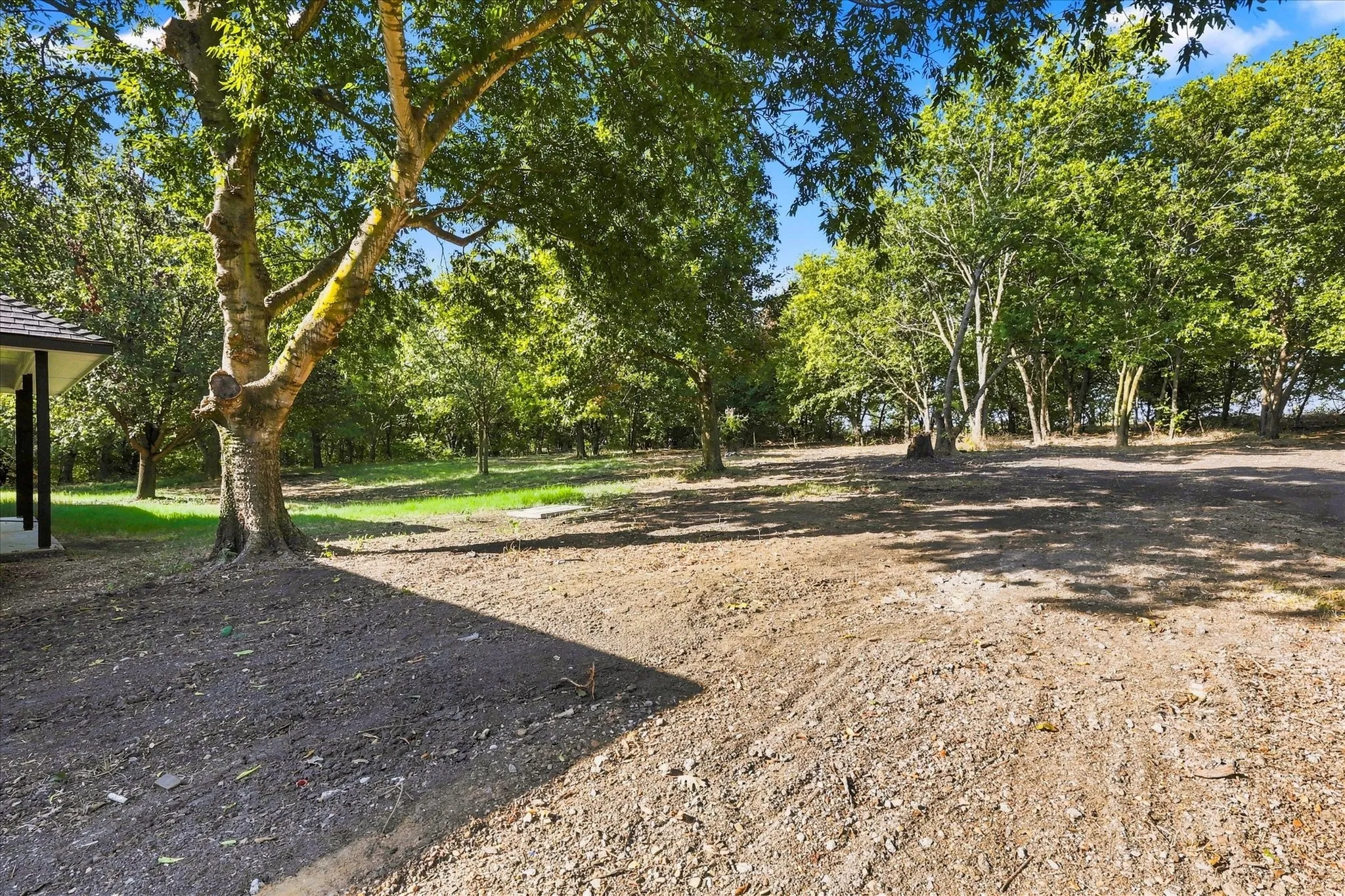 Expansive natural lot featuring mature trees and a partial structure with a dark shingle roof