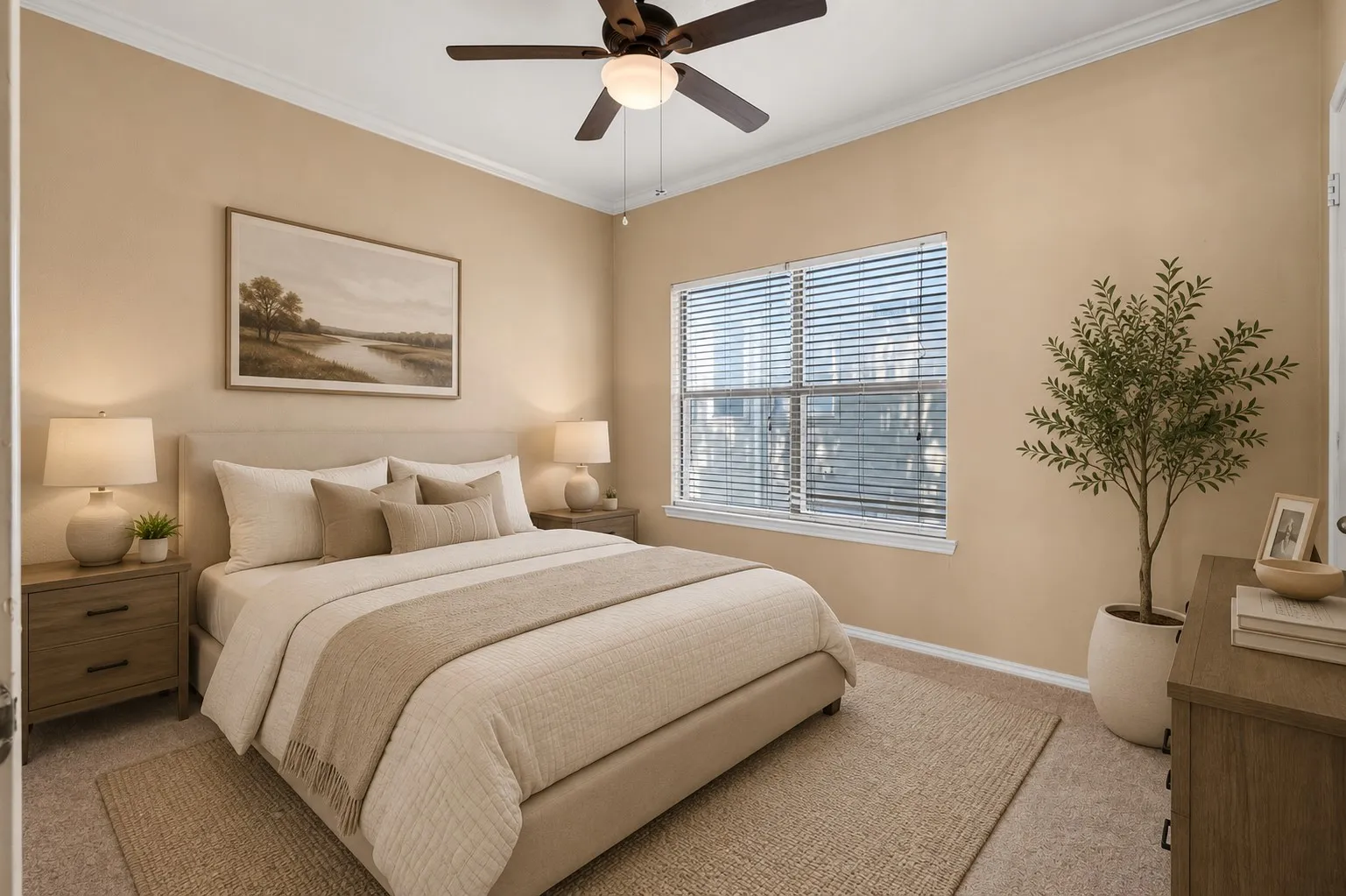 Carpeted flooring with a contrasting area rug, crown molding, and a ceiling fan with integrated lighting