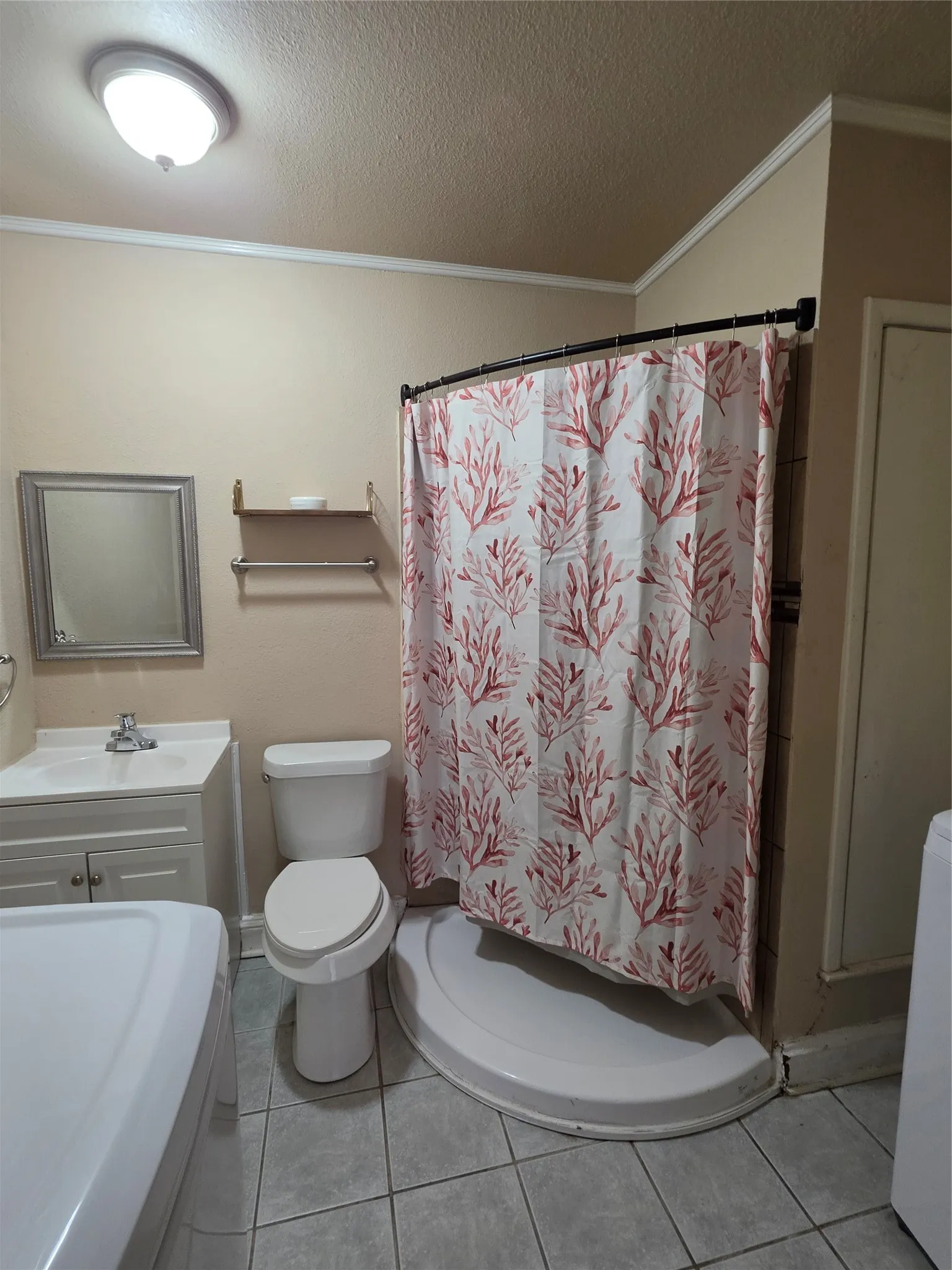 Bathroom featuring a shower stall with a curved base, a single vanity with storage, and a flush-mount ceiling light fixture