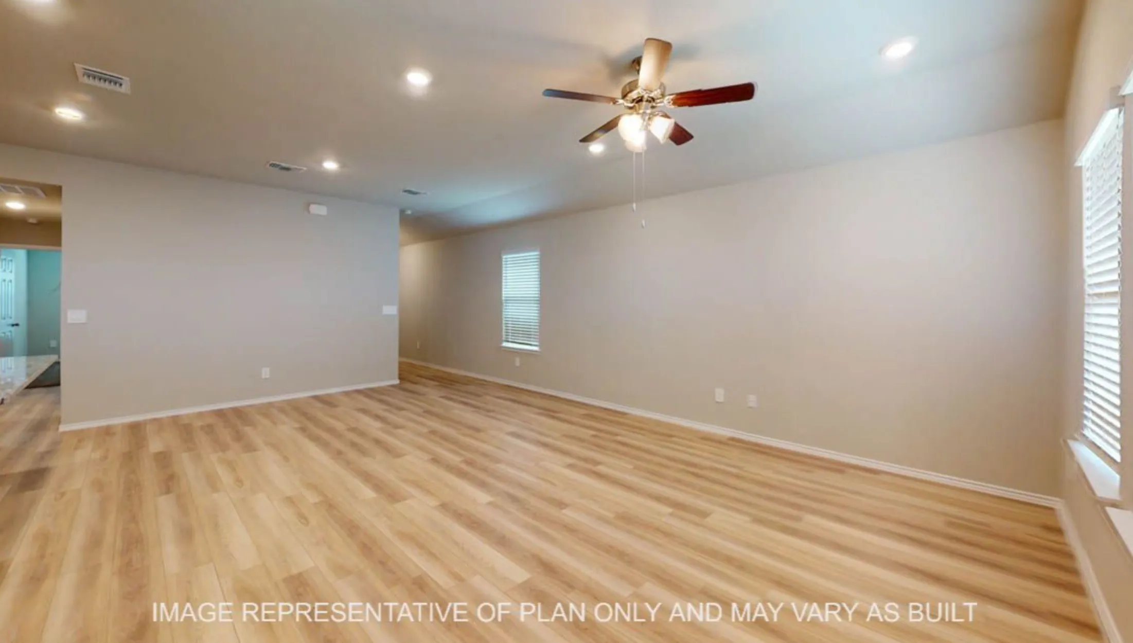 Recessed lighting, wood-finish flooring, ceiling fan with light fixture, and windows with blinds