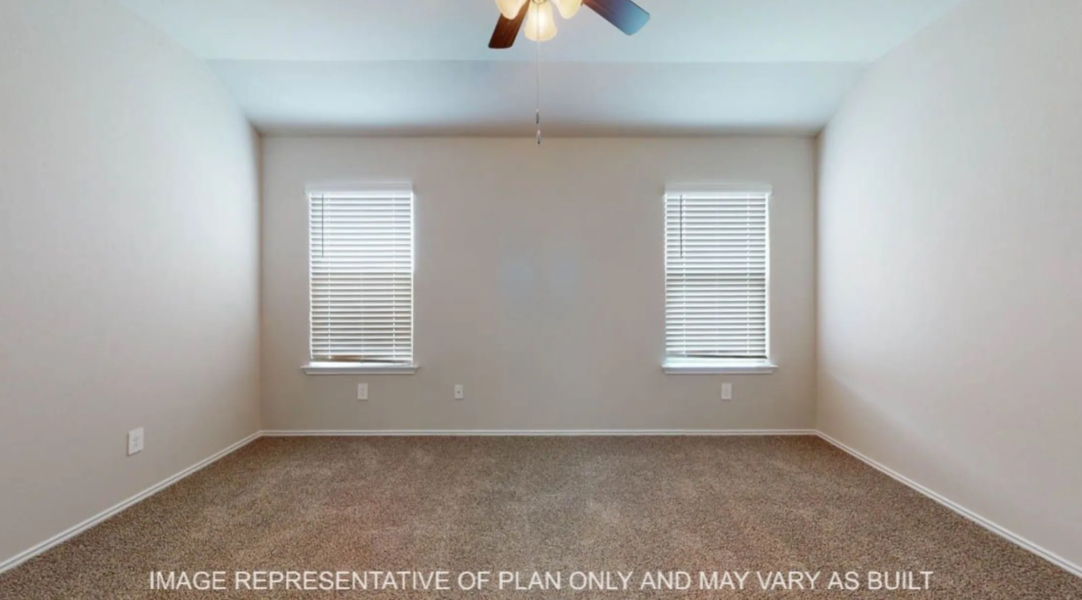 Neutral wall paint, textured carpeting, two windows with blinds, and a ceiling fan with integrated lighting