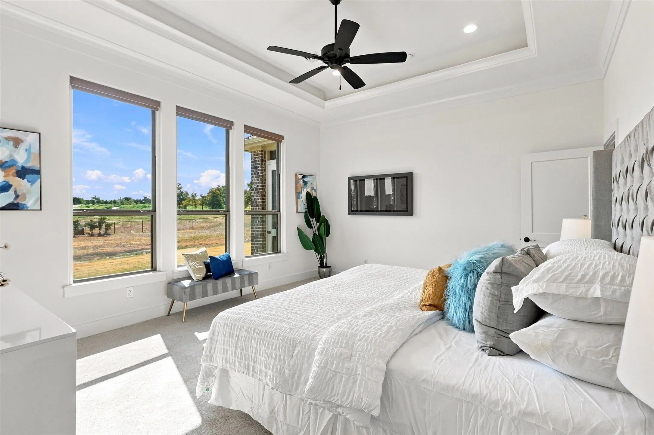 Recessed lighting, ceiling fan, tray ceiling, carpet flooring, and multiple windows and motorized blinds