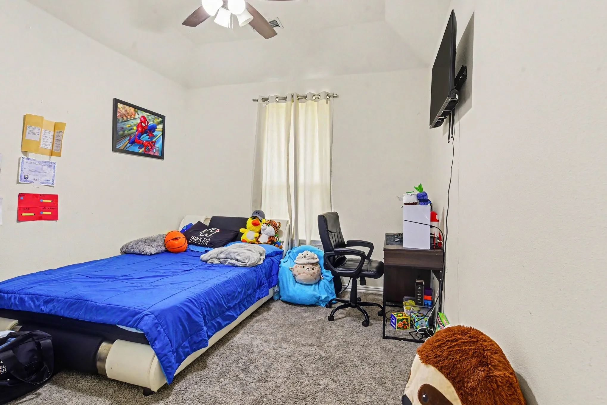 Carpeted room featuring a ceiling fan, and window with drapes.
