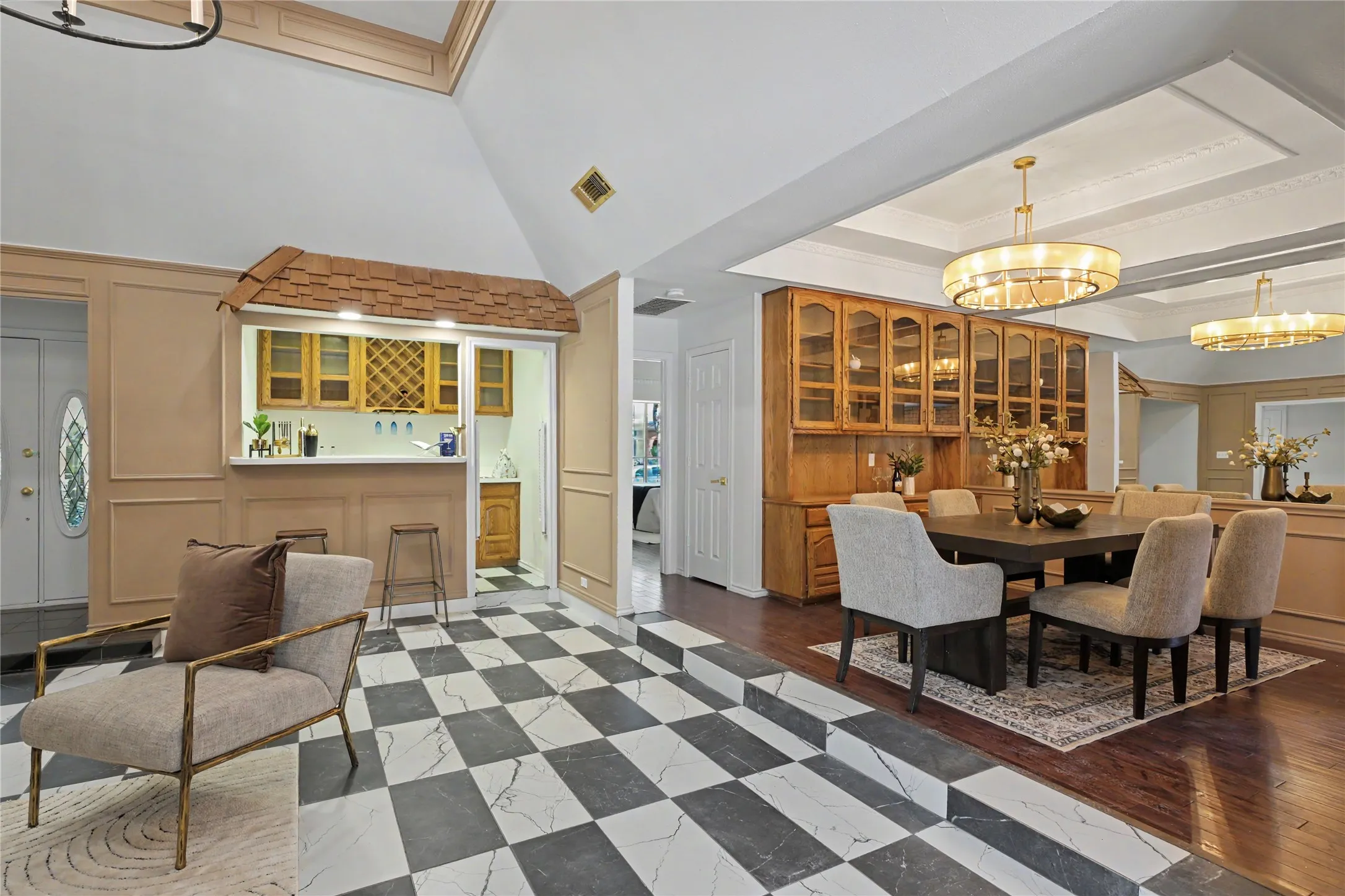 Built-in bar with wood-finish cabinetry, a wine rack, and countertop