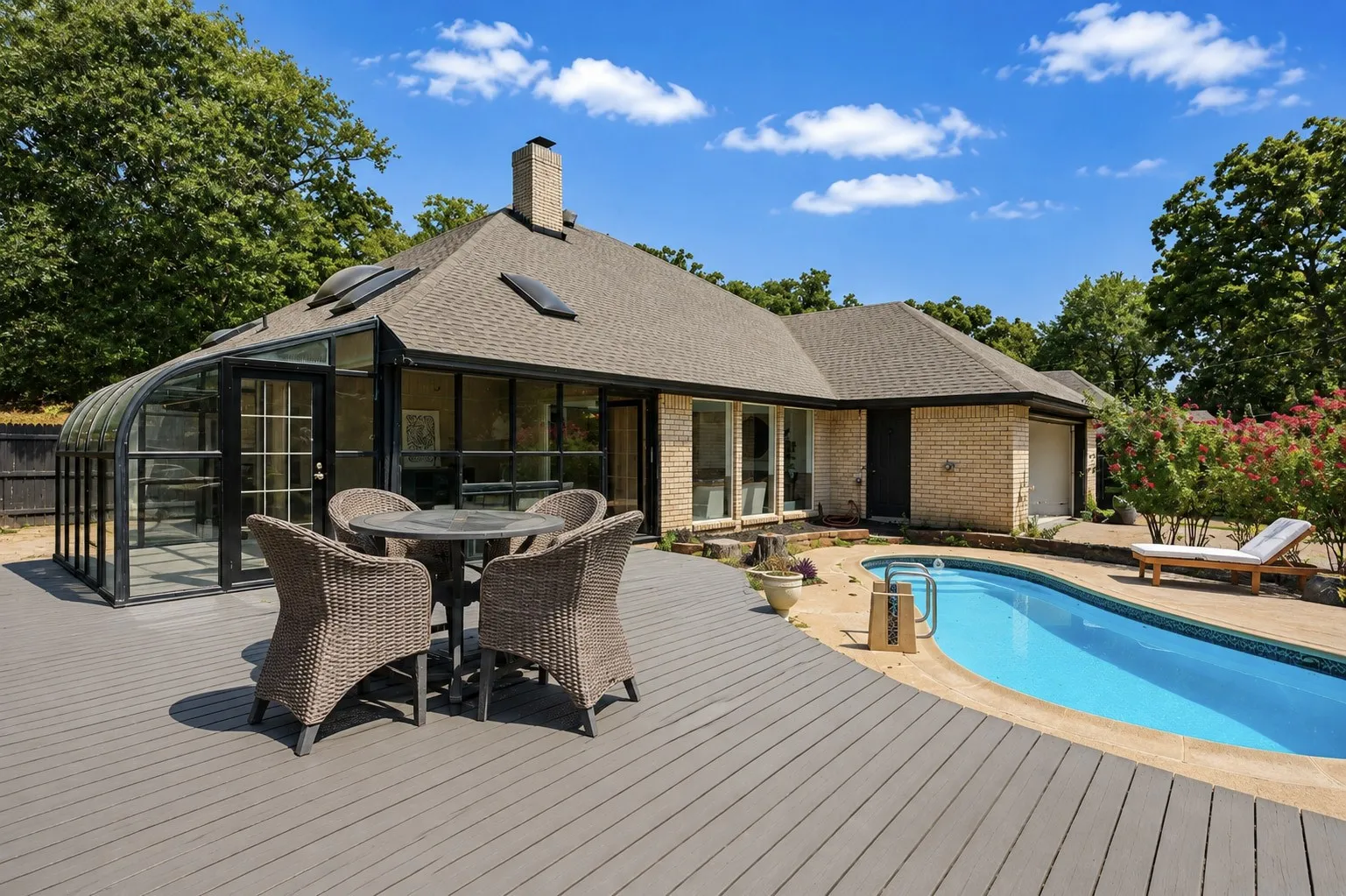 Expansive composite deck with a curved swimming pool, enclosed sunroom, brick exterior, and a shingled roof with skylights