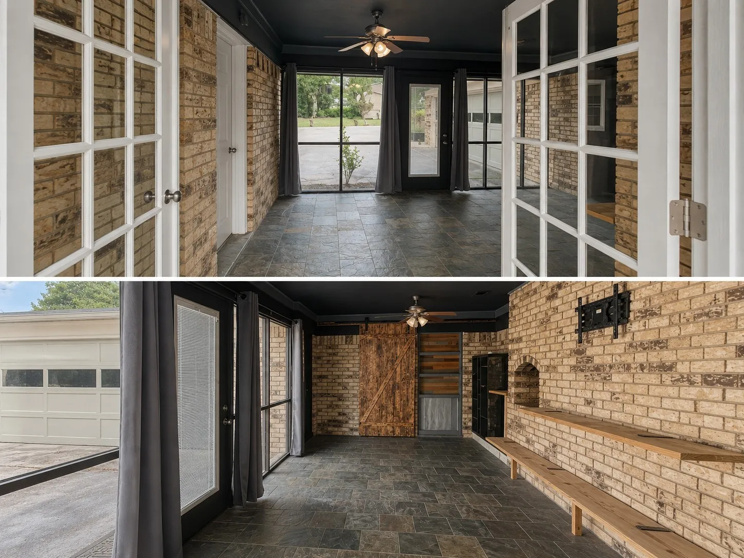 Sunroom with dark ceiling - 2 fans - beautiful brick work