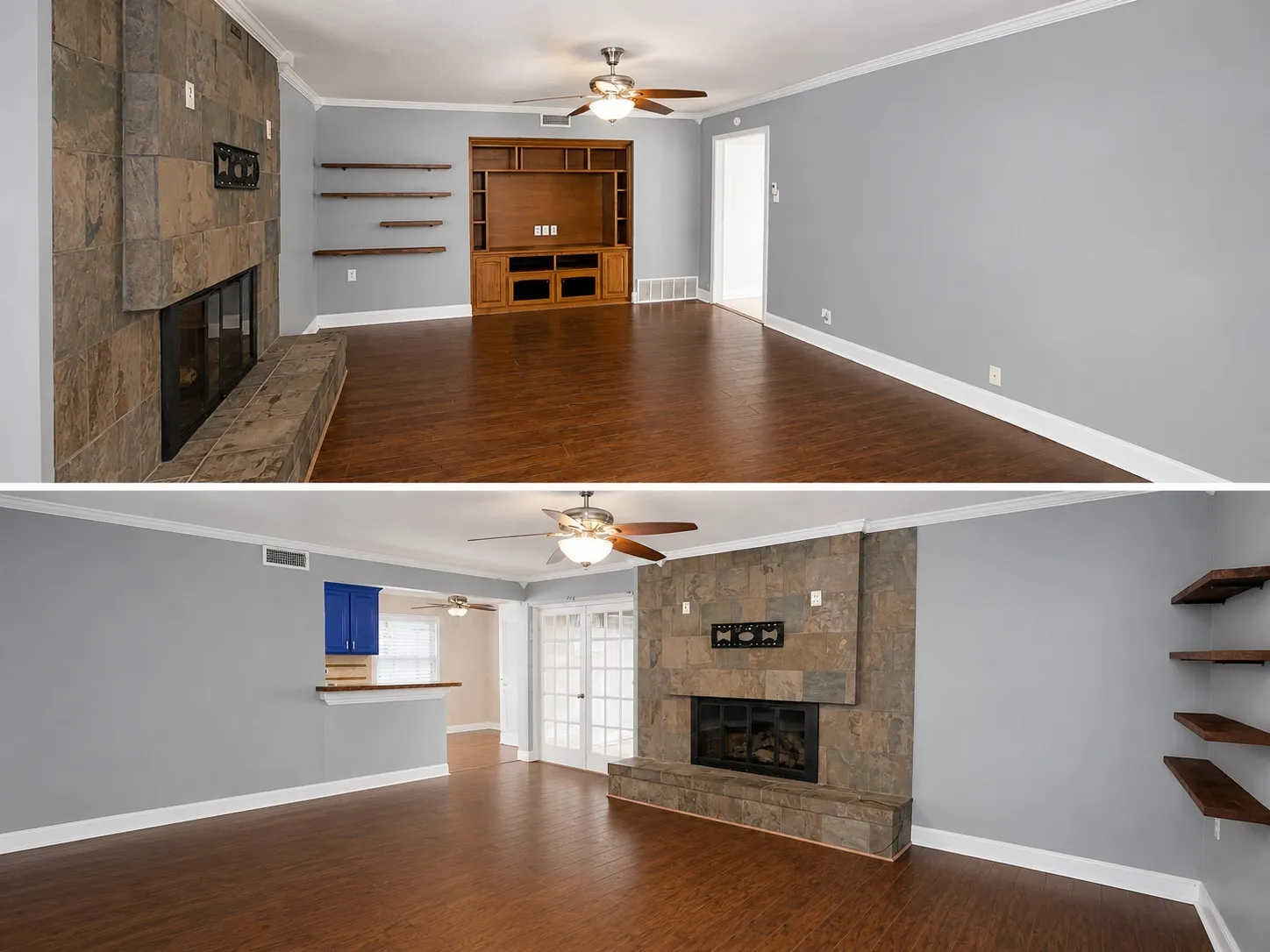 Stone-clad fireplace, wood-style flooring, built-in entertainment center, wall-mounted shelving, and ceiling fan