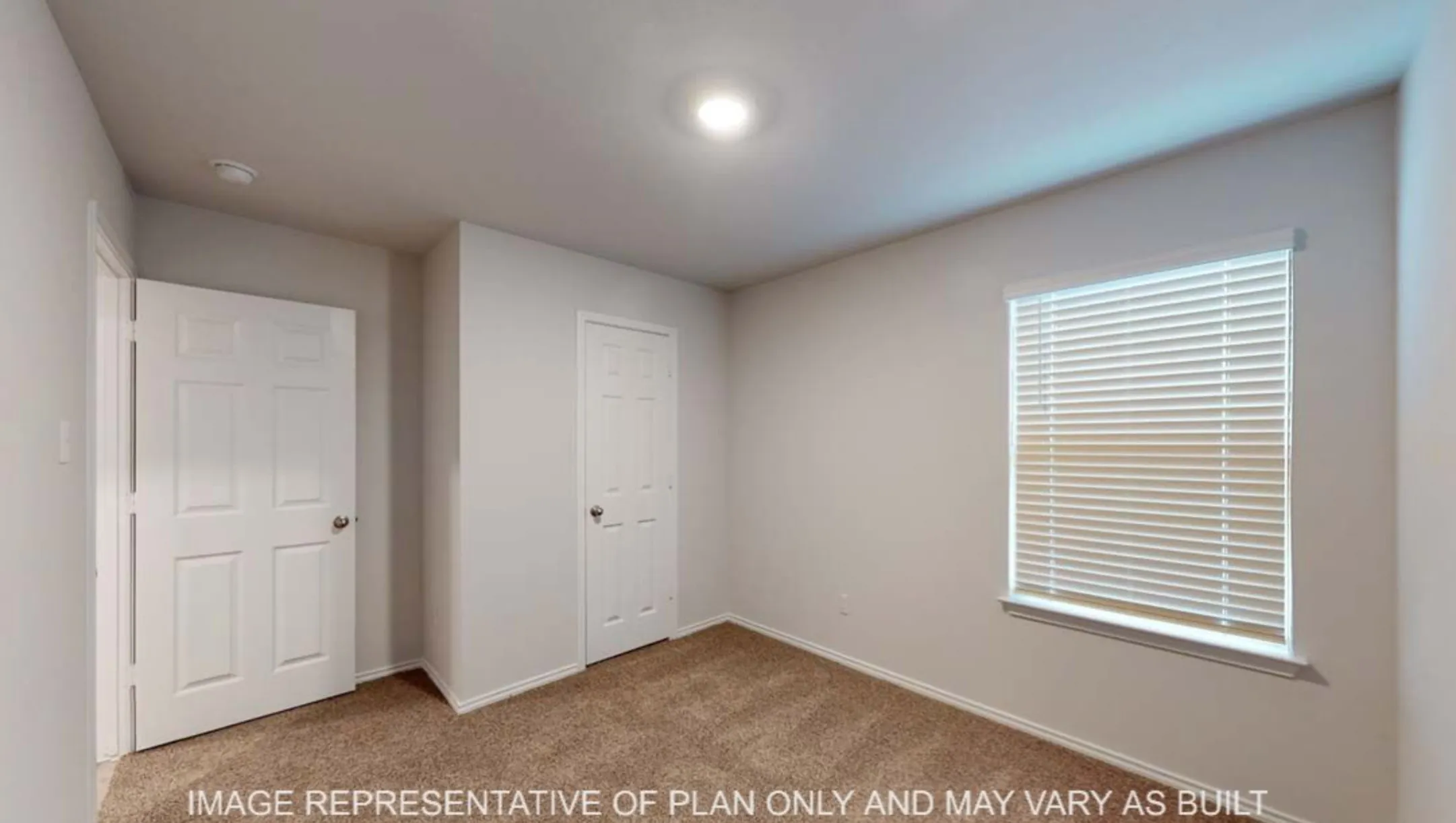 Carpeted flooring, recessed lighting, window with blinds, paneled interior doors, and neutral wall tones
