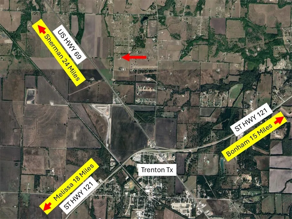Aerial Map. Displaying the property's geographic location relative to Trenton, TX, and regional roadways, including distances to specified destinations