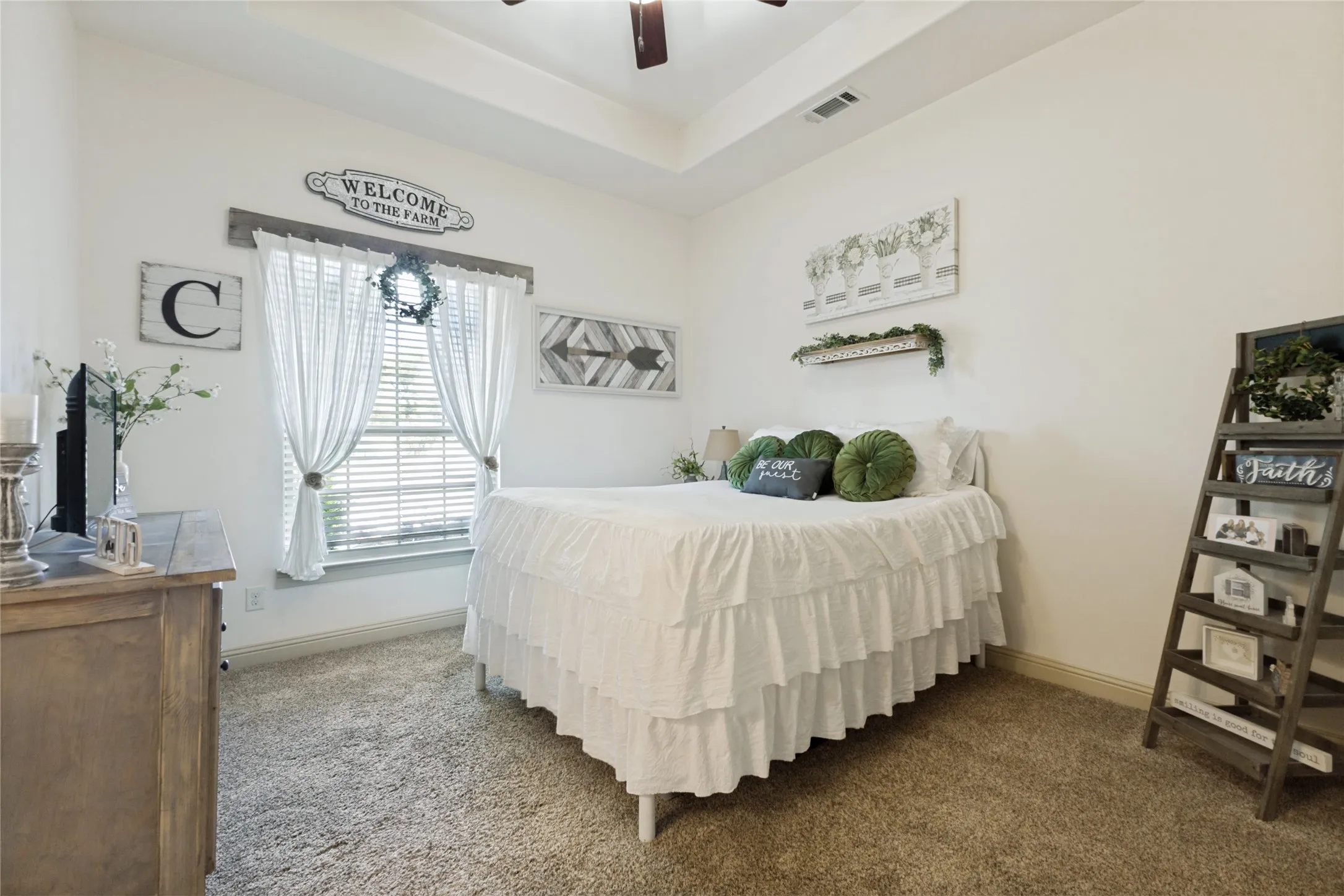 Recessed ceiling with a flush-mount light, carpet flooring, and a window with blinds