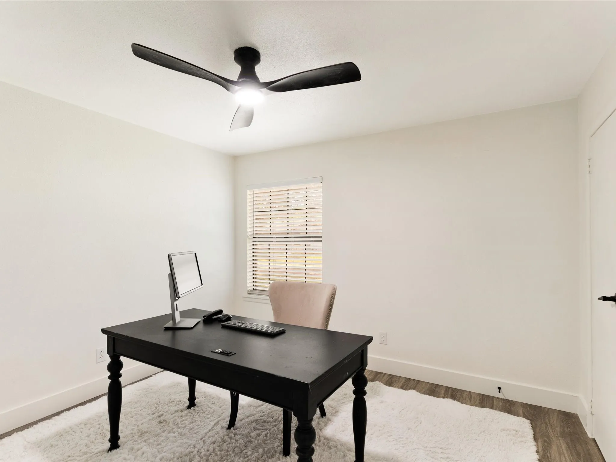 Wood-finish flooring with white trim