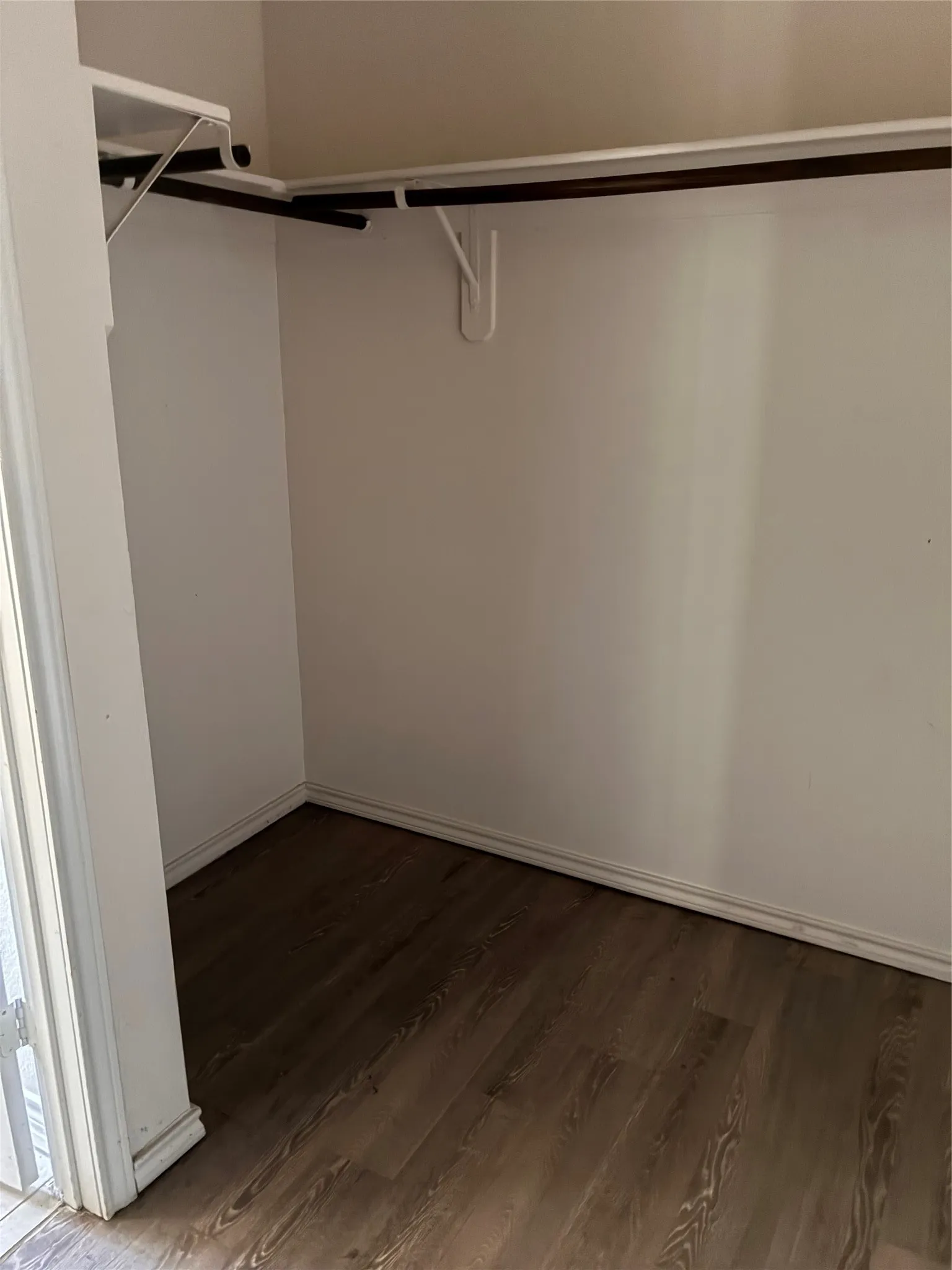 Wood-finish flooring with white baseboards, a built-in shelving unit, and a built-in hanging rod