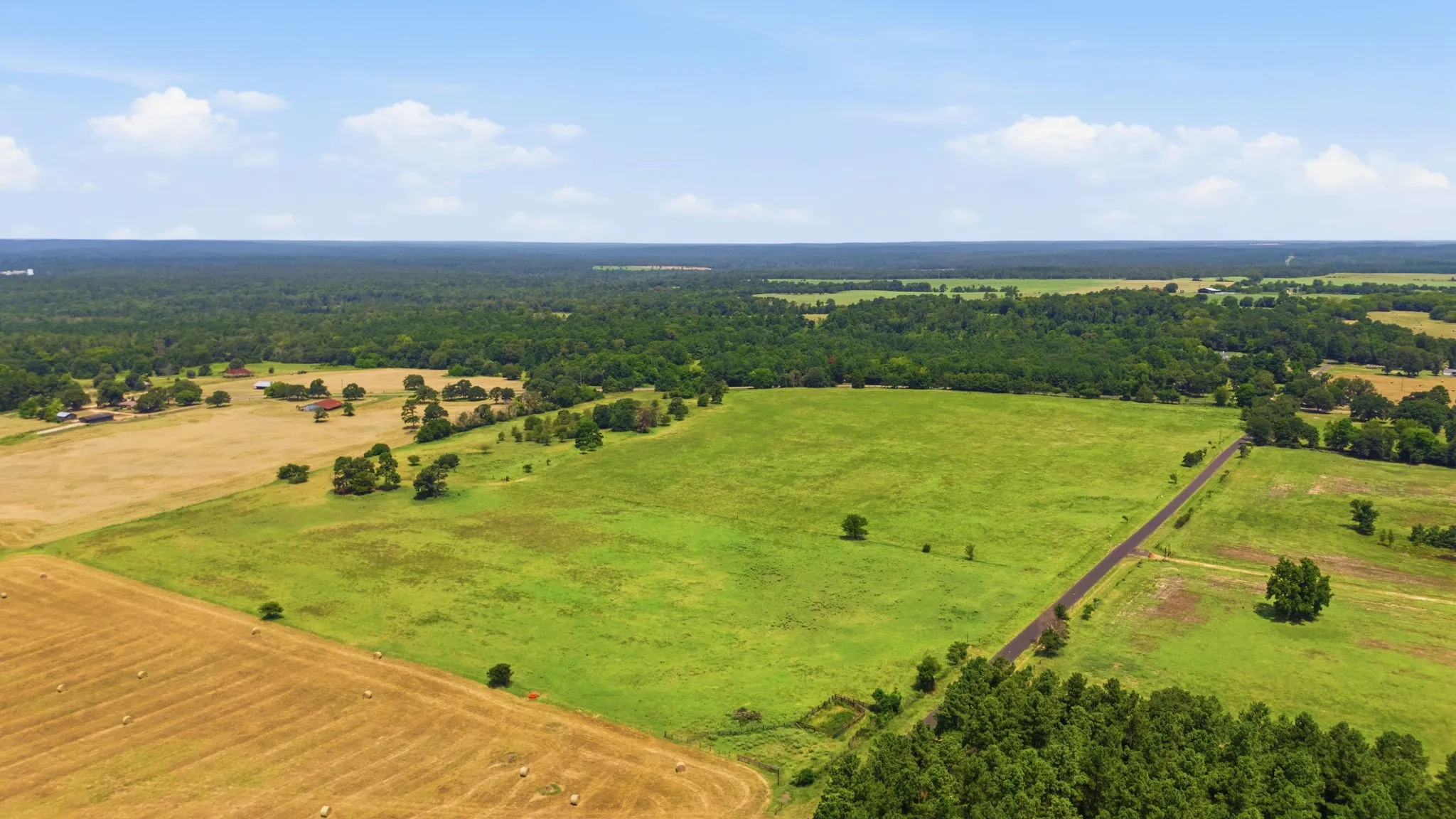 Expansive land parcel featuring open fields, mature tree lines, and an asphalt-paved road