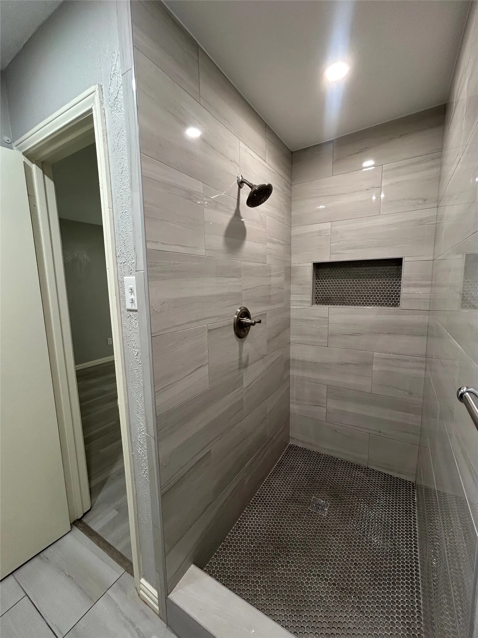 Walk-in shower with large format tile walls, mosaic tile floor, and a built-in shower niche
