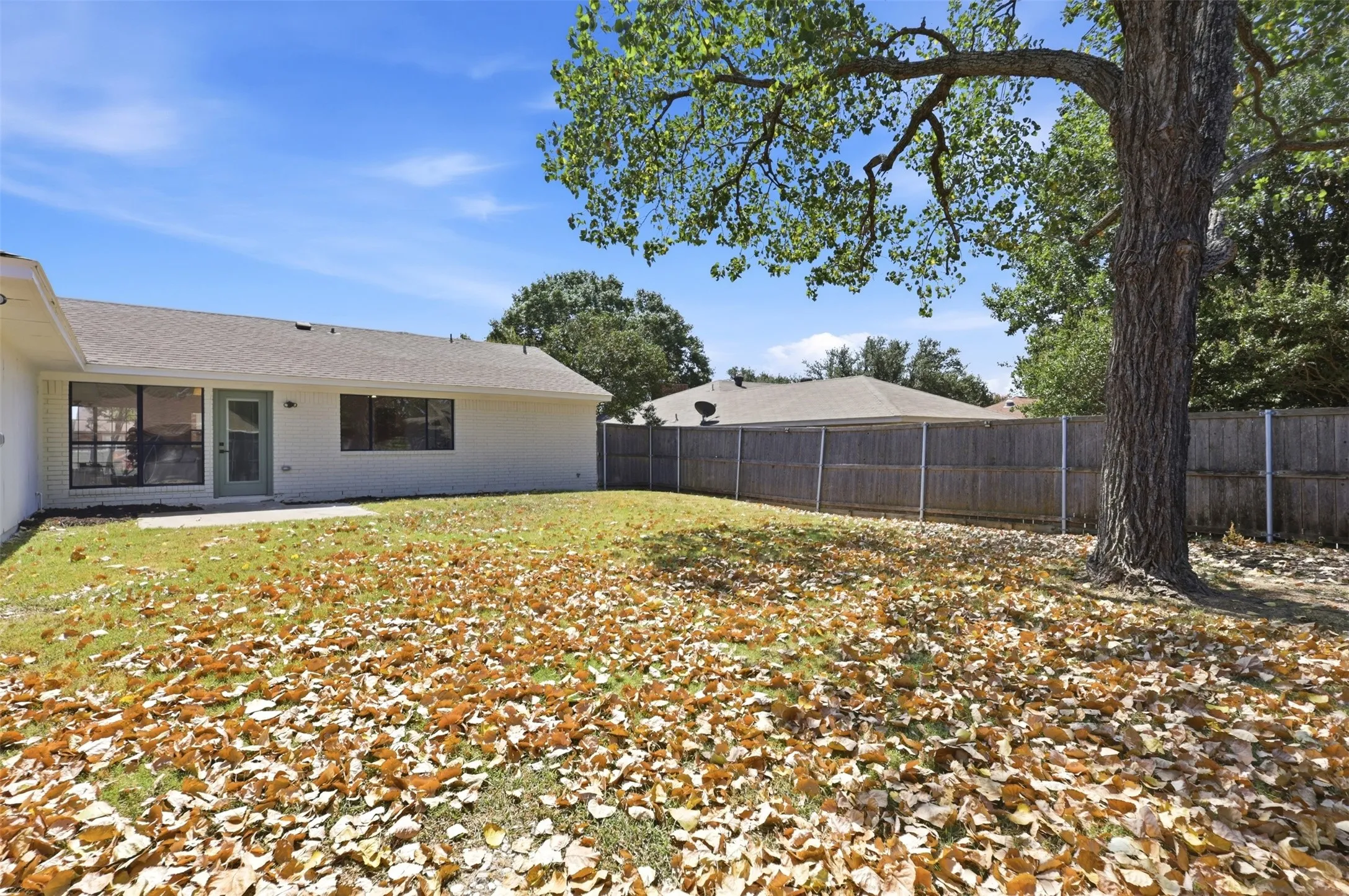 Expansive backyard featuring a mature tree, wood privacy fencing, a concrete patio, and a light-colored exterior with multiple windows