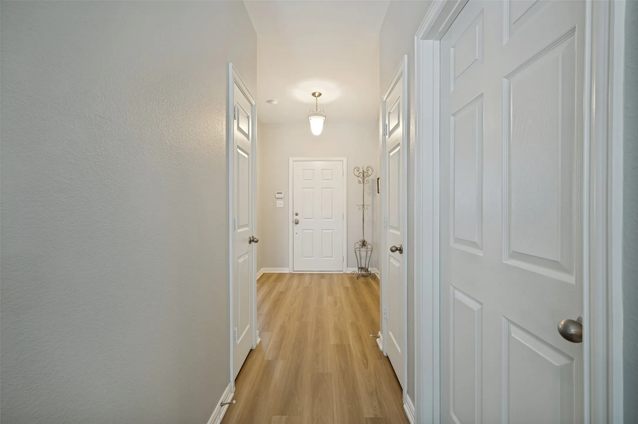 Entry hallway featuring wood-finish flooring, white paneled doors, and light gray wall paint