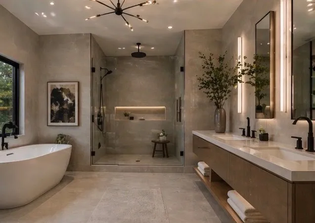 Freestanding soaking tub with a floor-mounted faucet, a walk-in shower with glass enclosure, dual vanity with undermount sinks, and a modern sputnik chandelier
