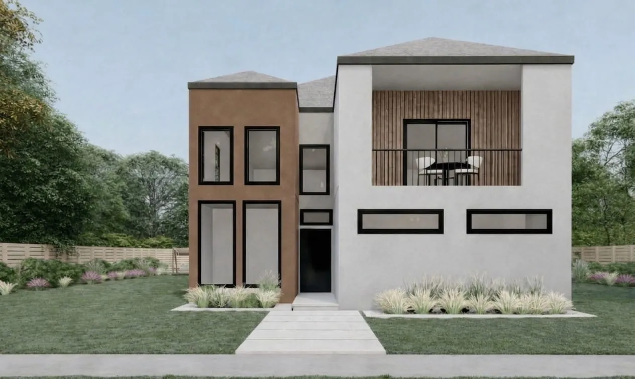 Contemporary facade featuring a recessed balcony with slatted wood paneling, black frame windows, a flat roofline, and a concrete walkway