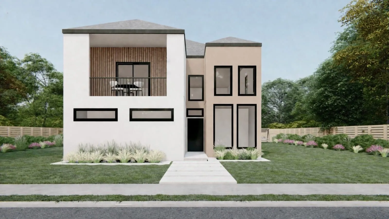 Modern two-story residence featuring a flat roofline and a recessed balcony with wood-finish paneling