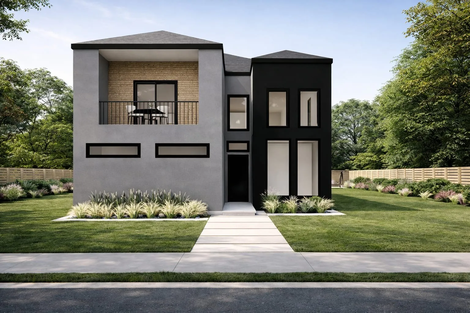 Contemporary two-story residence featuring a striking black and gray facade