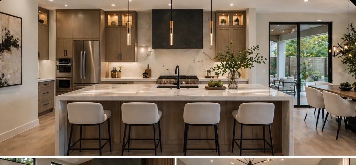 Chef's kitchen featuring a large waterfall-edge island with seating for four, stainless steel appliances, black cabinetry with integrated hardware, quartz countertops, and pendant lighting