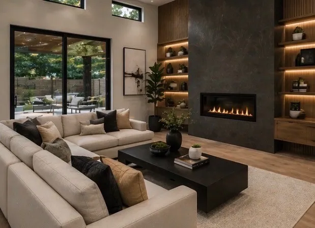 Expansive living area featuring large sliding glass doors, a modern fireplace with a dark surround, custom built-in shelving with integrated lighting, and wood-finish flooring
