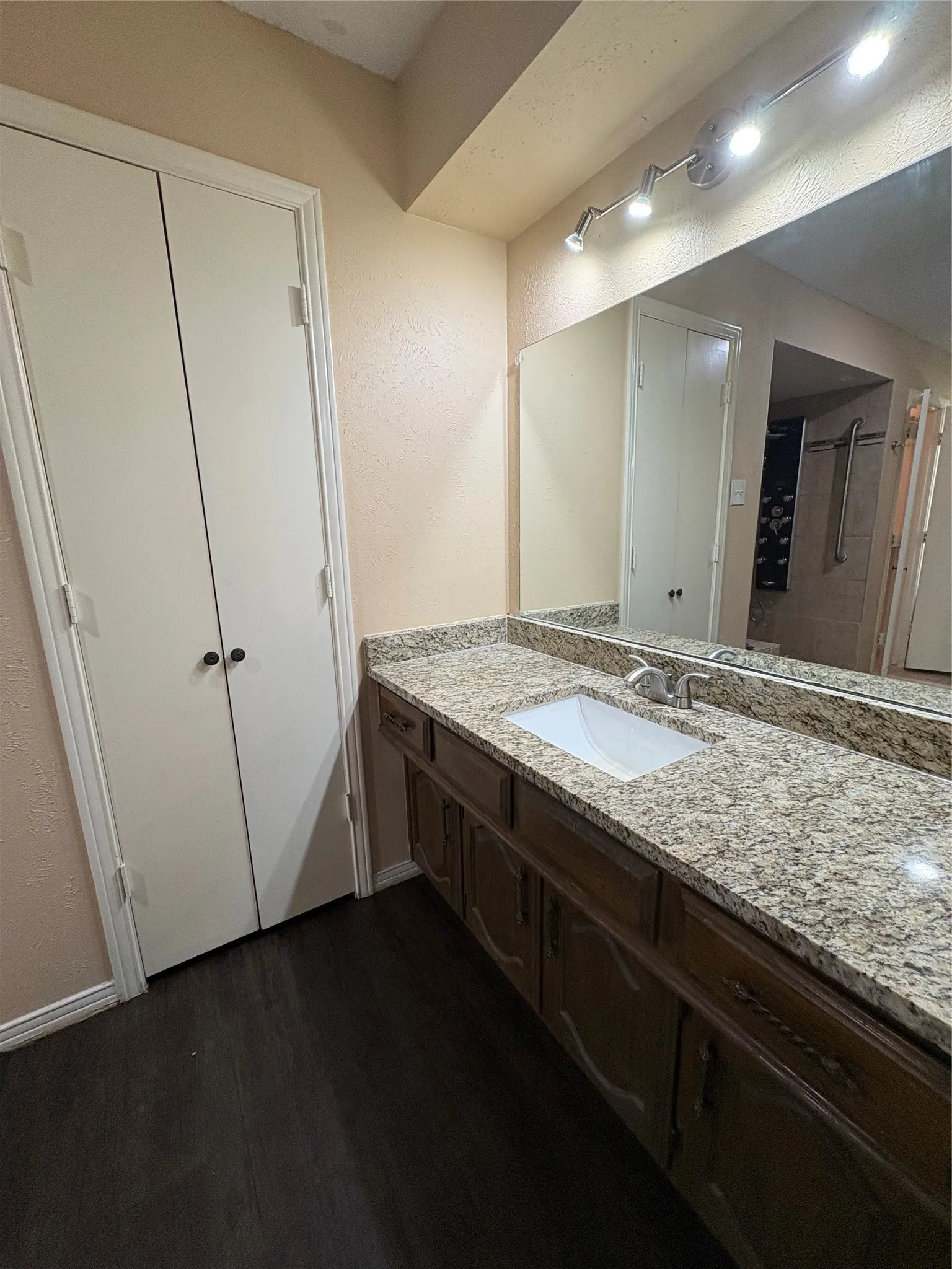 Wood-finish flooring, vanity with granite-style countertop, integrated rectangular sink, track lighting, and full-width mirror