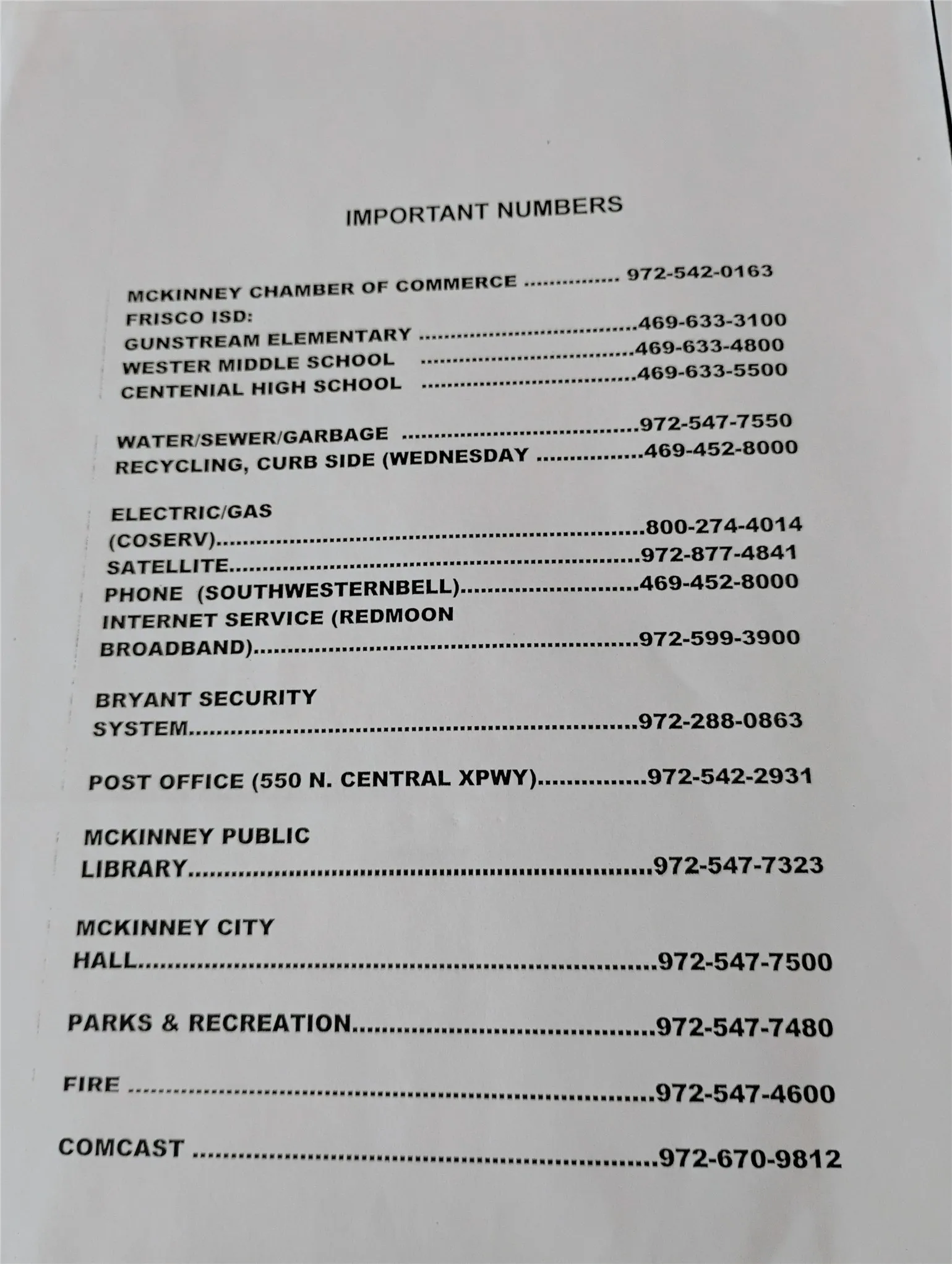 Helpful Numbers
