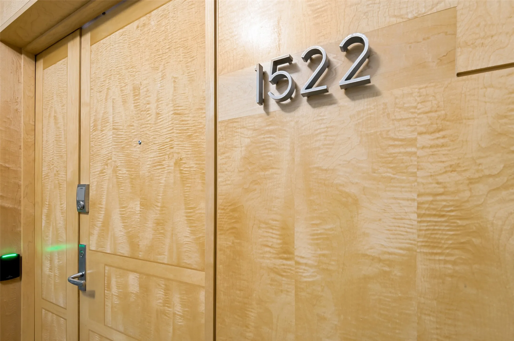 Smooth wood-finish door with modern door hardware